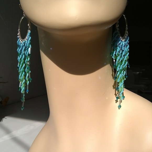 Beaded Handmade Twisted Seas Long Hoop Earrings - Picture 3 of 8